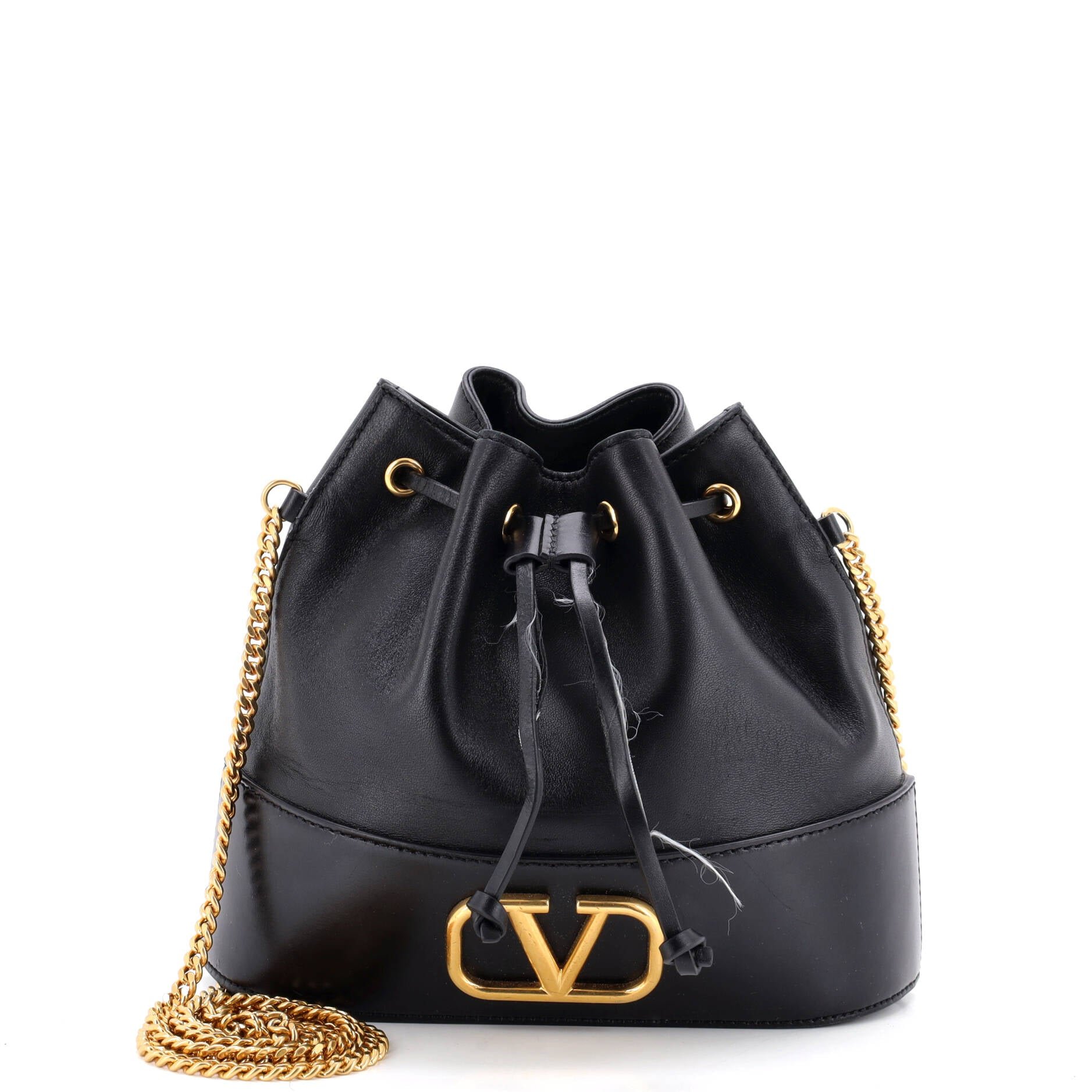 VLogo Drawstring Bucket Pouch Leather