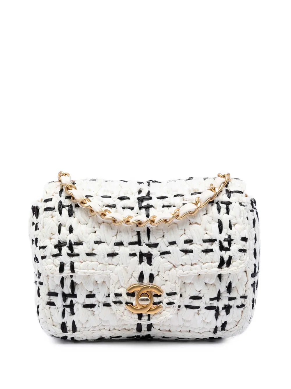 2021-2026 CC Mini Raffia Effect Tweed Flap crossbody bag