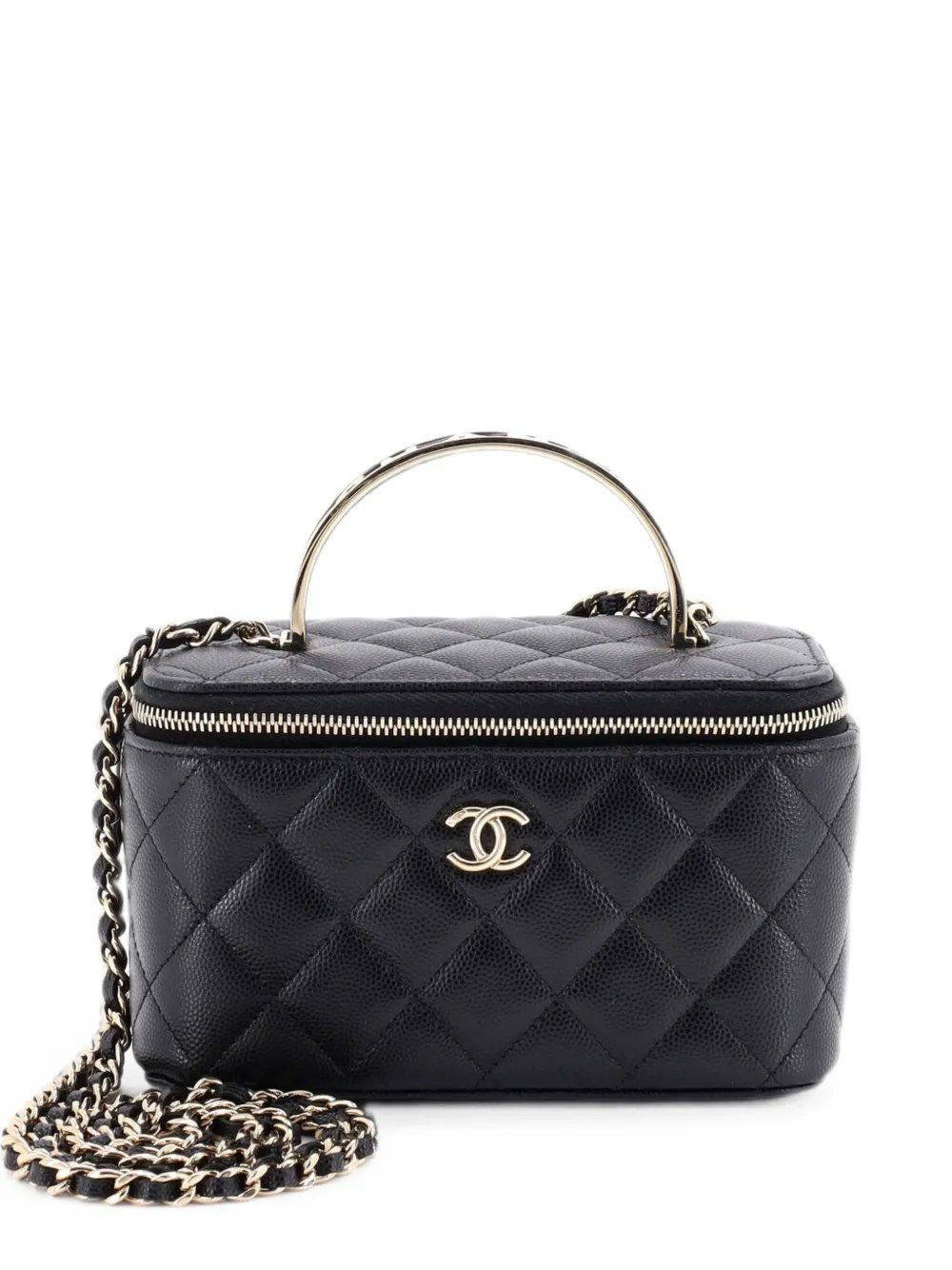 Enamel Logo CC Top Handle Vanity Case with Chain Quilted Caviar Small satchel