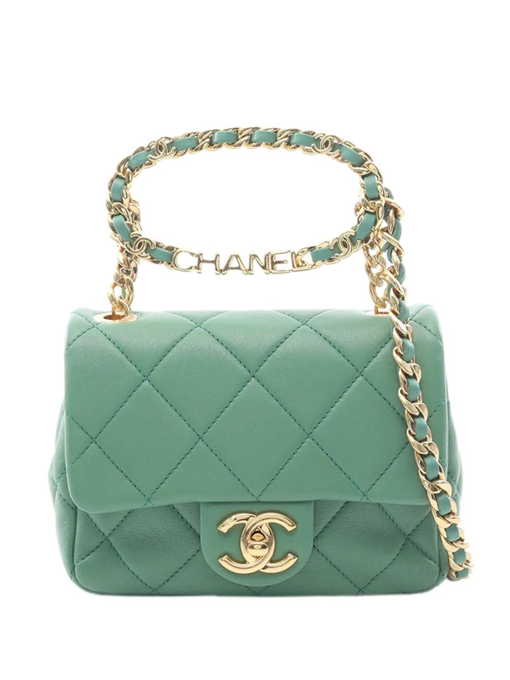 2021-2026 Mini Quilted Lambskin Oval Logo Chain Top Handle Flap crossbody bag