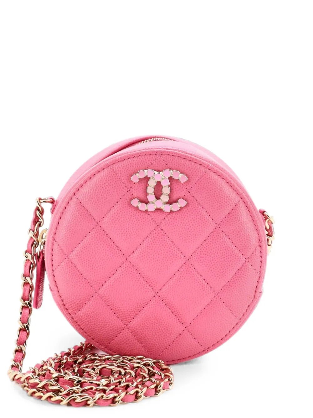Round Clutch with Chain Quilted Caviar with Lacquered Metal crossbody bag