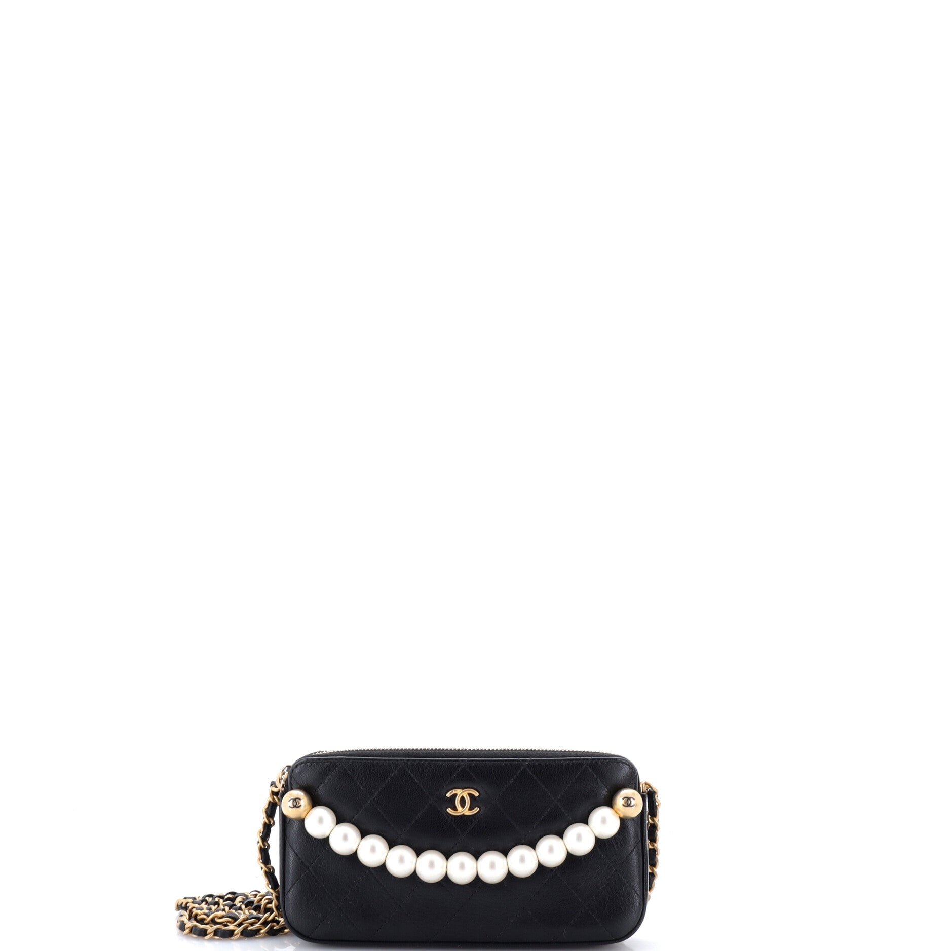 Chic Pearls Double Zip Clutch with Chain Quilted Lambskin