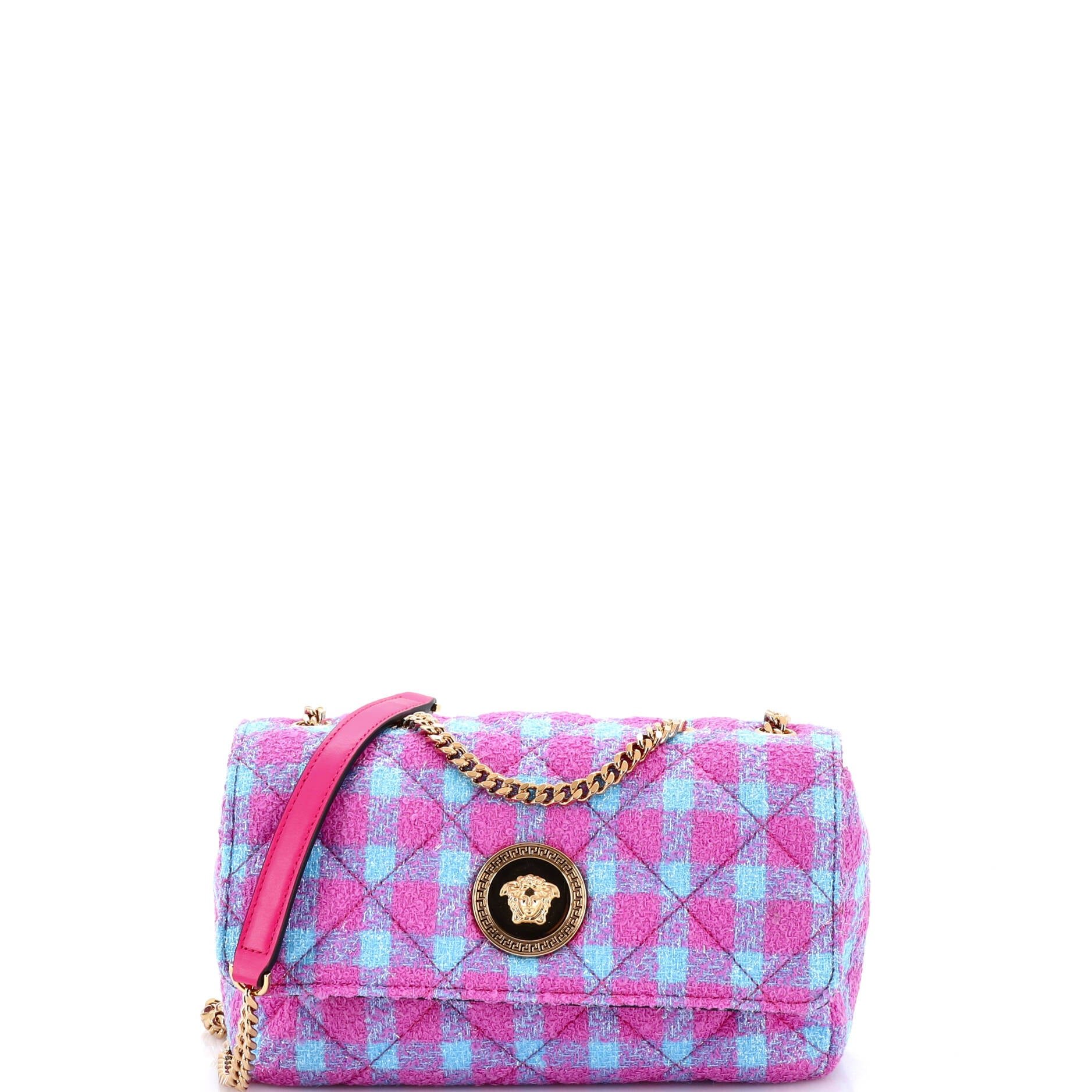 Versace Medusa Icon Chain Flap Bag Quilted Tweed East West