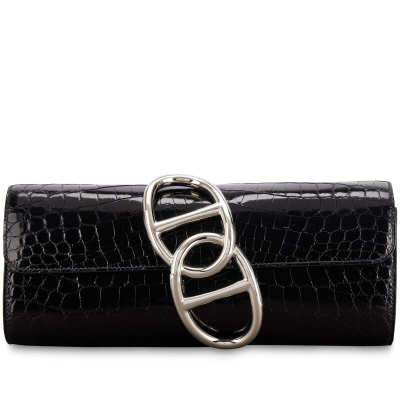 Black Shiny Niloticus Crocodile Egee Clutch Palladium Hardware, 2015