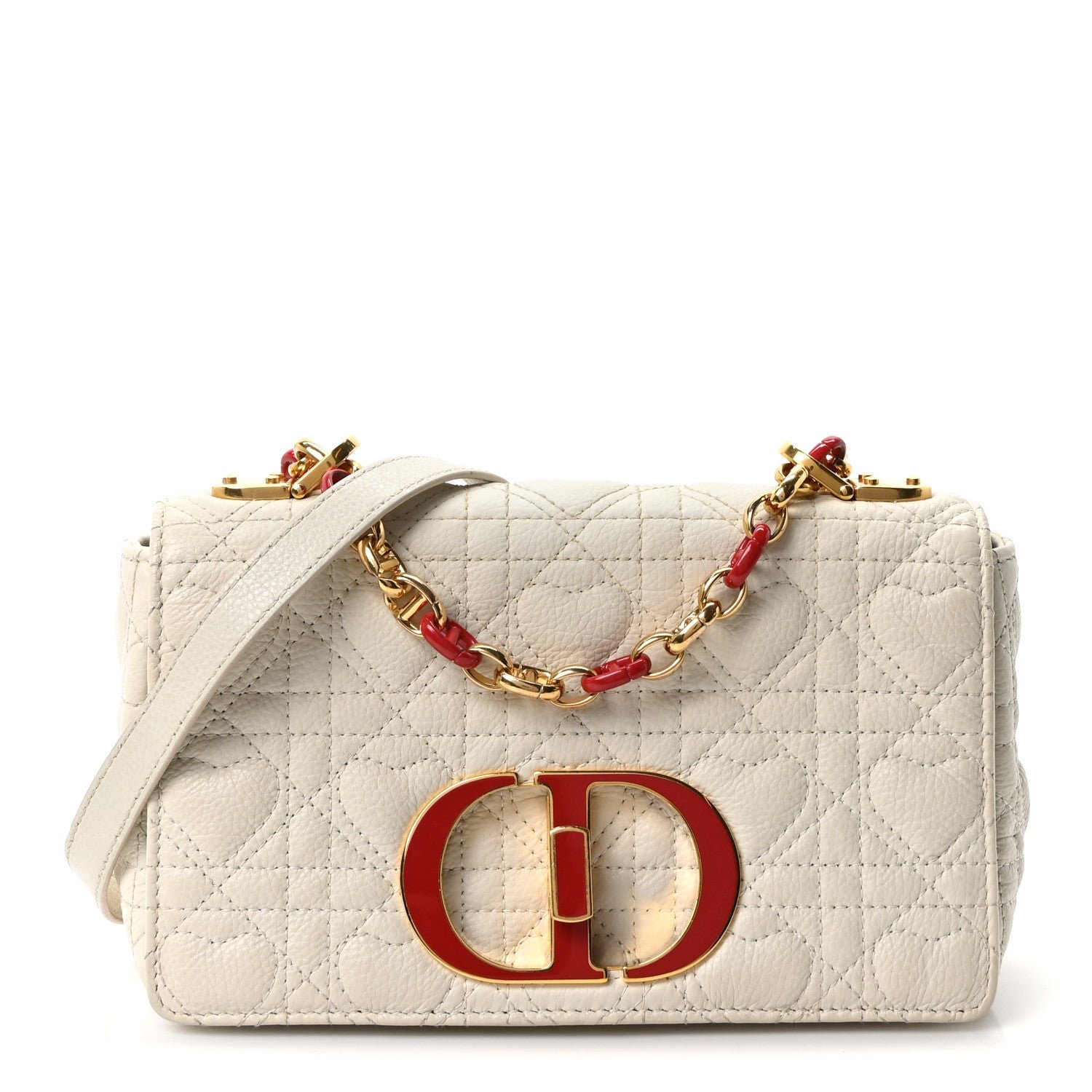 Christian Dior Calfskin Cannage Dioramour Heart Small Caro White Red