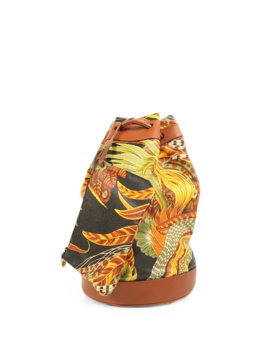 leaf-print drawstring bucket bag