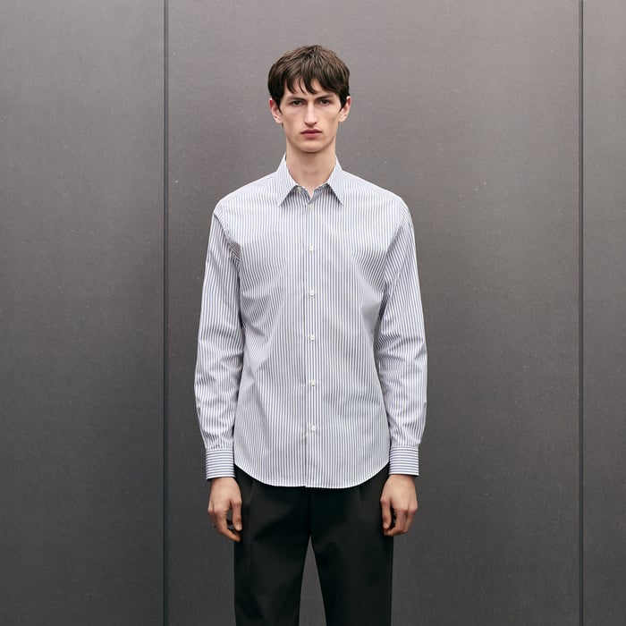 Bleu "Rayures Rythmees" Fitted Shirt With Faubourg Collar