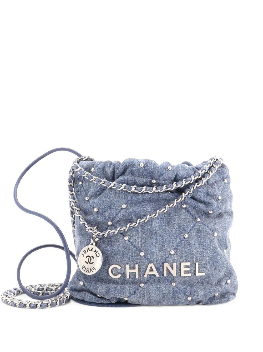 22 Chain Quilted Studded Denim Mini hobo bag
