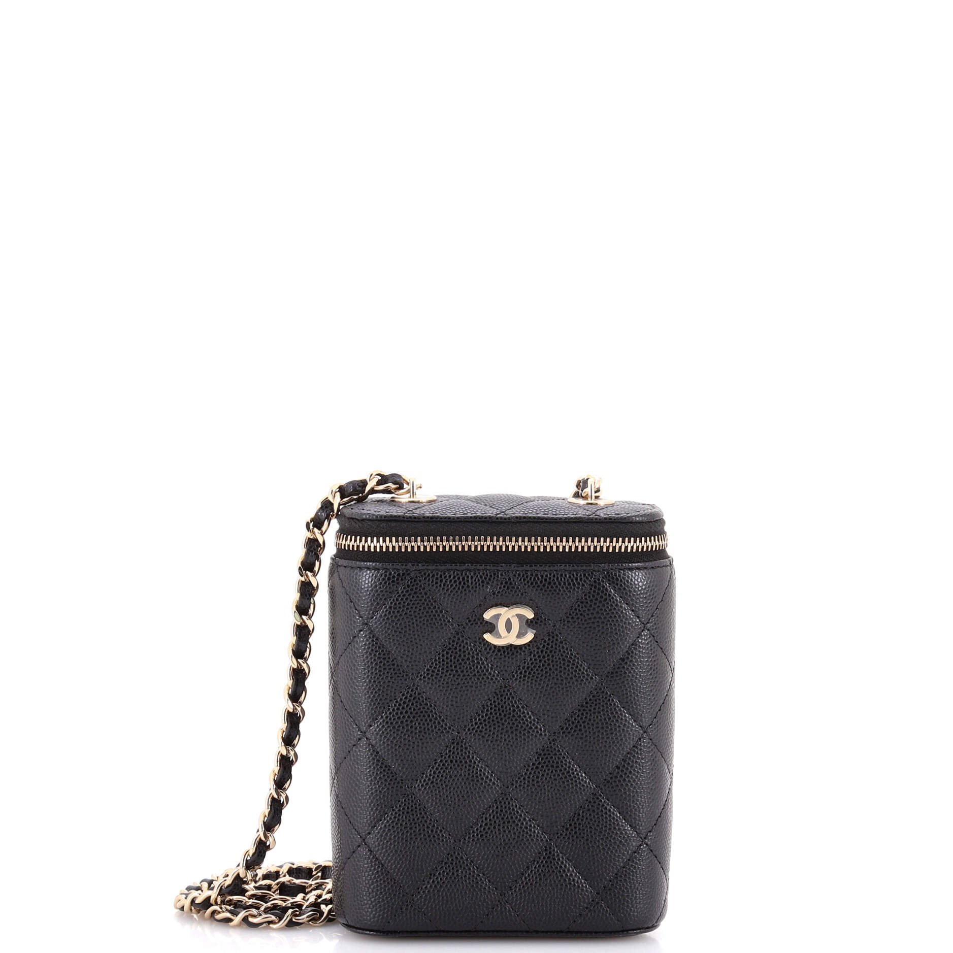 Vertical Classic Vanity Case with Chain Quilted Caviar Small