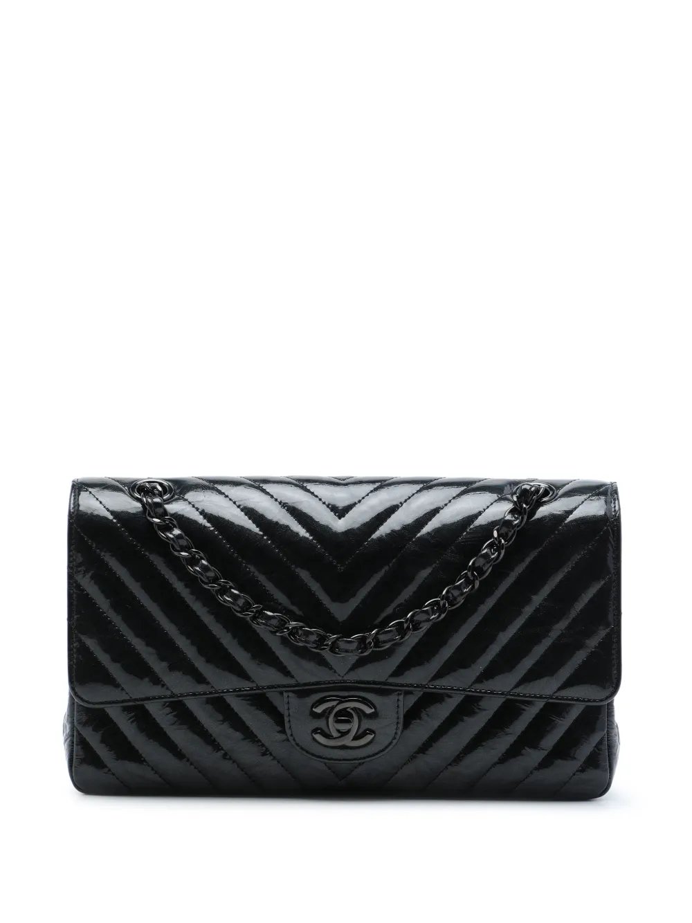 2018 Medium Classic Chevron Patent So Black Double Flap shoulder bag