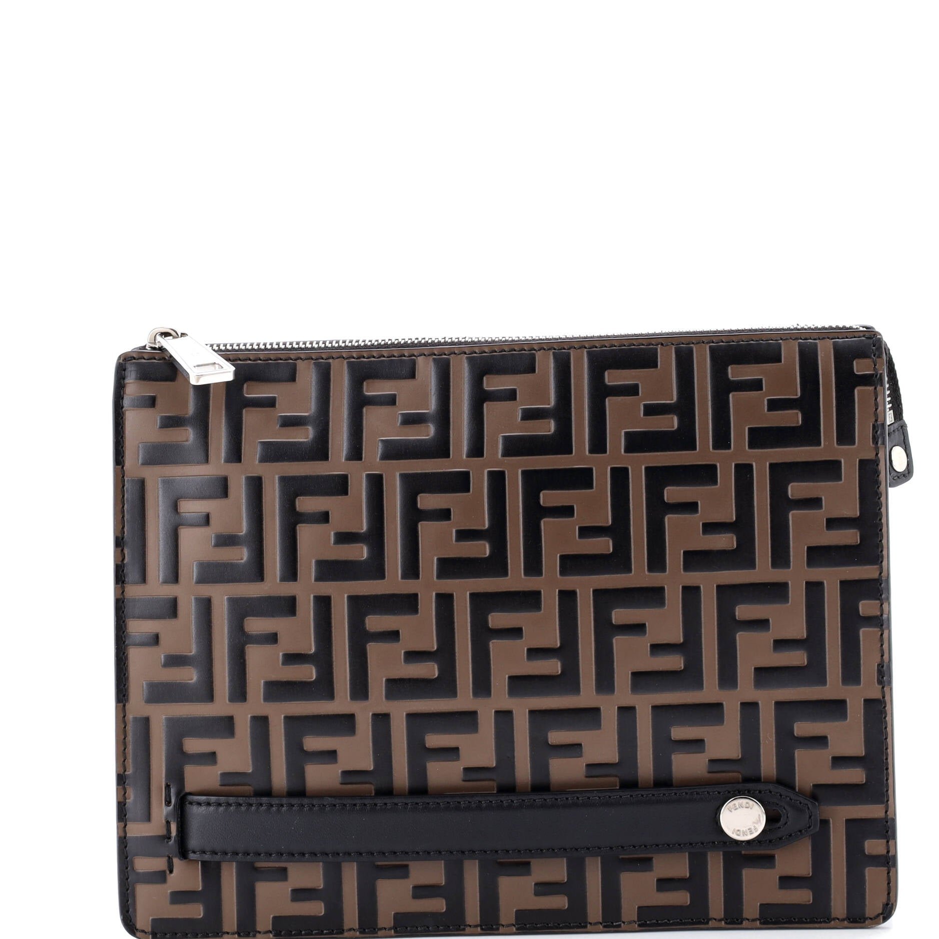 Fendi Handle Clutch Zucca Embossed Leather Medium