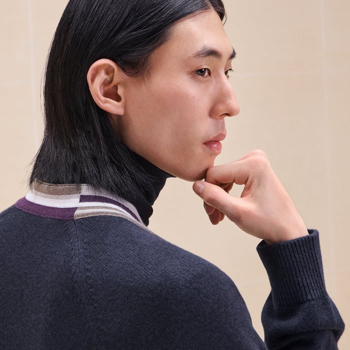 Marine Cashmere "Rayures Asymetriques" Buttoned Cardigan