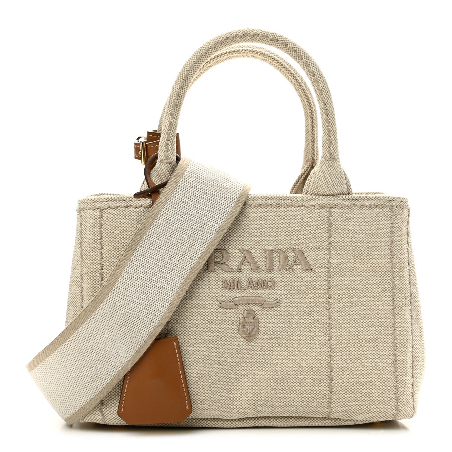 Prada Canvas Mistolino Ricamo Small Logo Tote Naturale