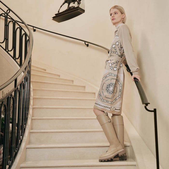 Beige Glaise "Effet Kaleidoscope" Shirt Knotted Waist Twillaine Dress
