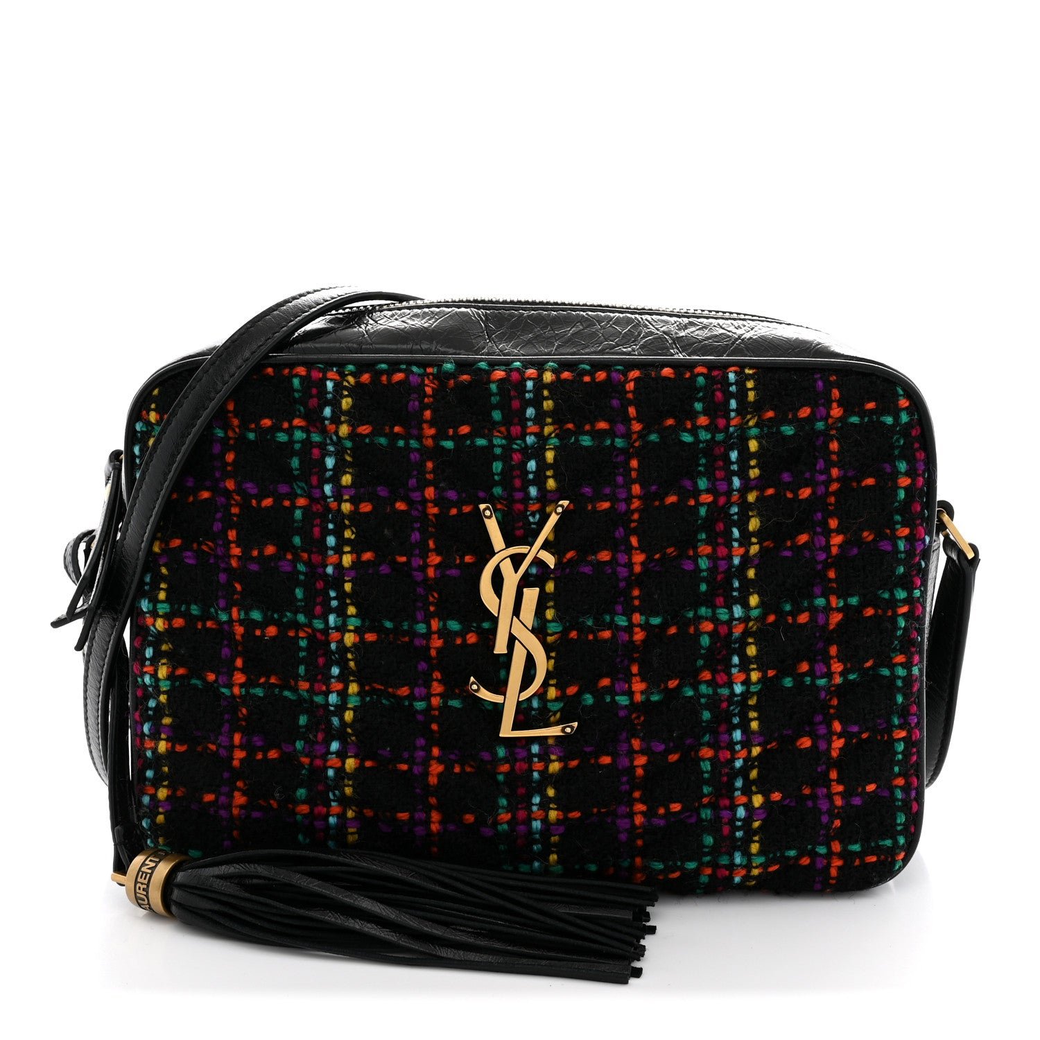 Saint Laurent Tweed Calfskin Monogram Lou Camera Bag Black