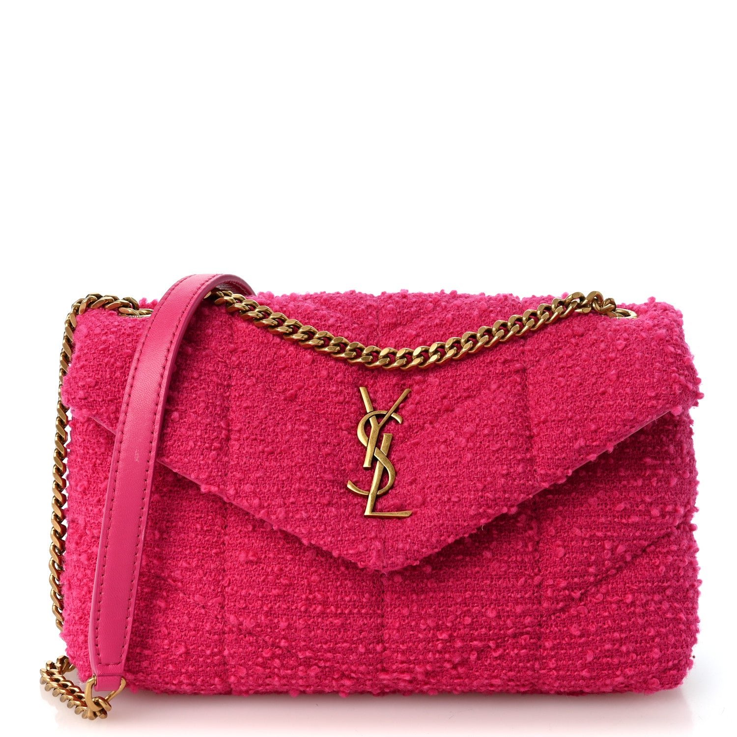 Saint Laurent Boucle Tweed Quilted Toy Loulou Puffer Monogram Chain Satchel Magenta