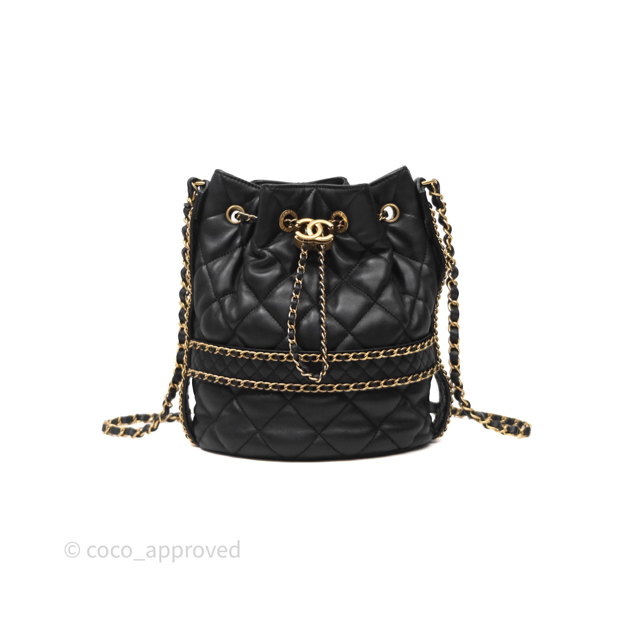 Chanel Drawstring Chain Around Bucket Bag Quilted Black Lambskin Aged Gold Hardware