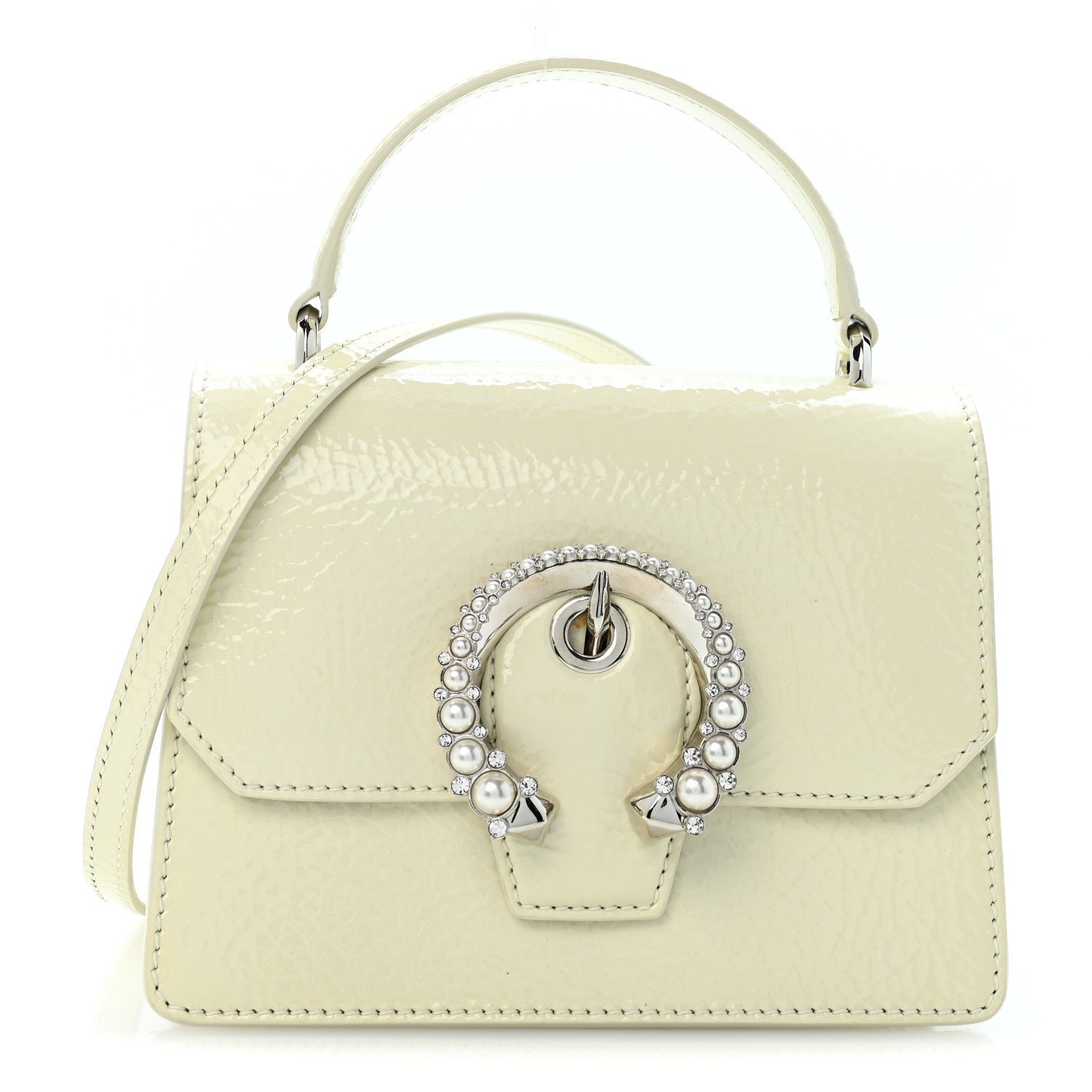 Jimmy Choo Textured Patent Calfskin Small Madeline Satchel Latte
