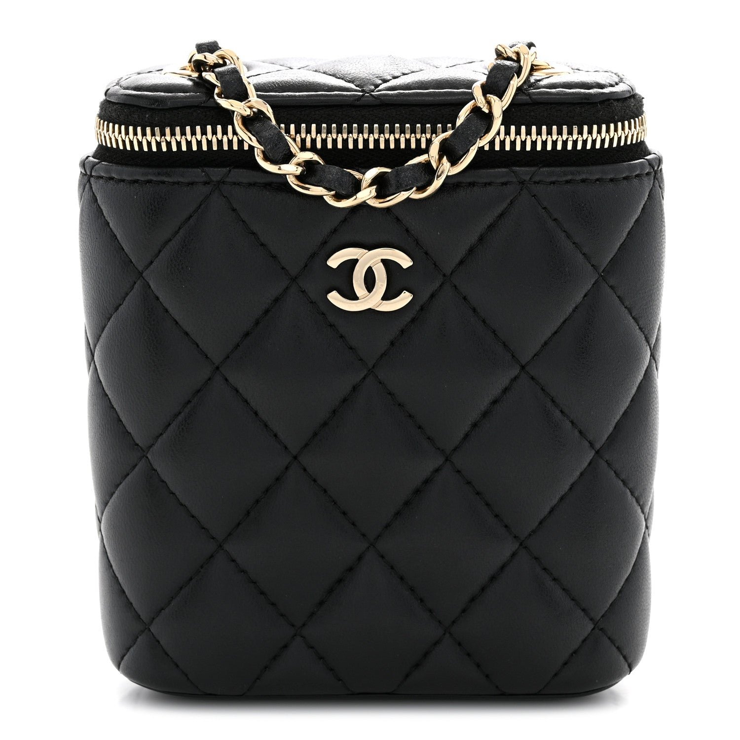 Chanel Lambskin Quilted Small Vertical Coco Beauty Vanity Case With Chain Black