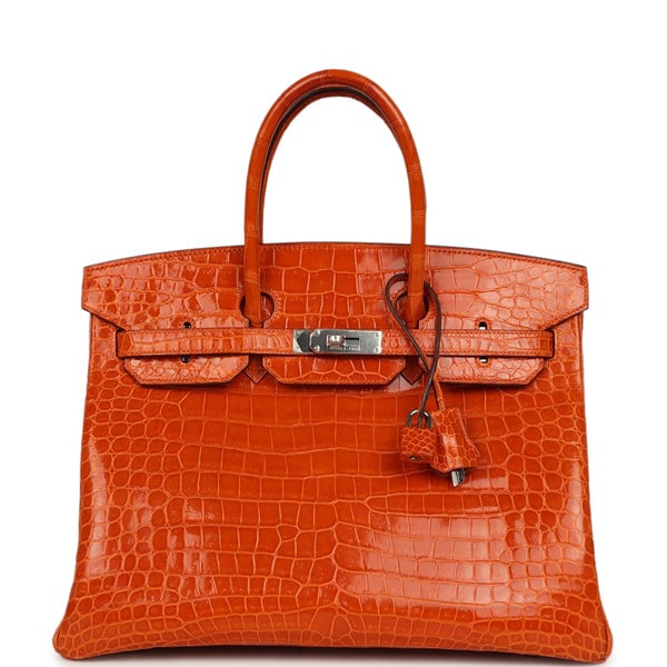 Pre-owned Hermes Birkin 35 Orange Shiny Porosus Crocodile Palladium Hardware