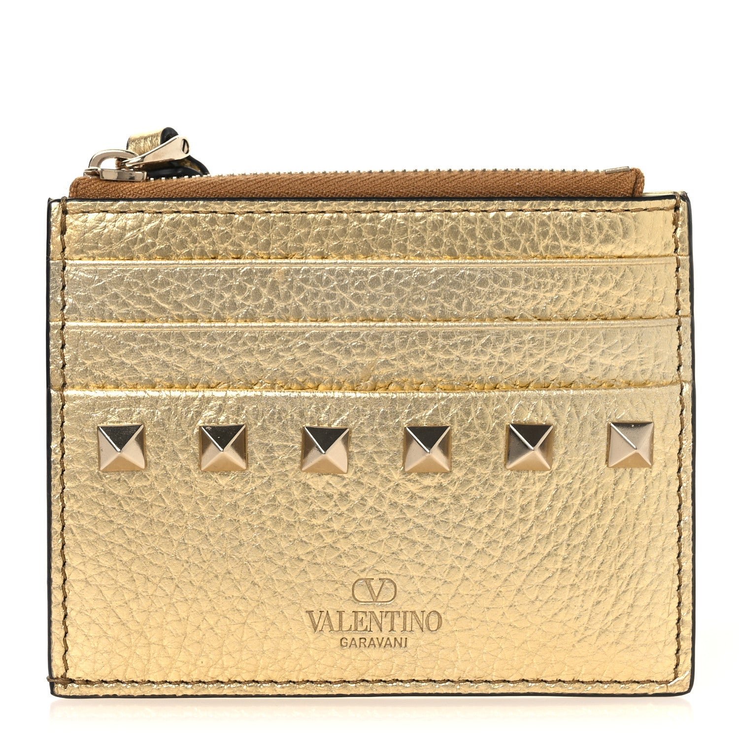 Valentino Garavani Valentino Garavani Metallic Pebbled Calfskin Rockstud Card Holder With Zipper Gold