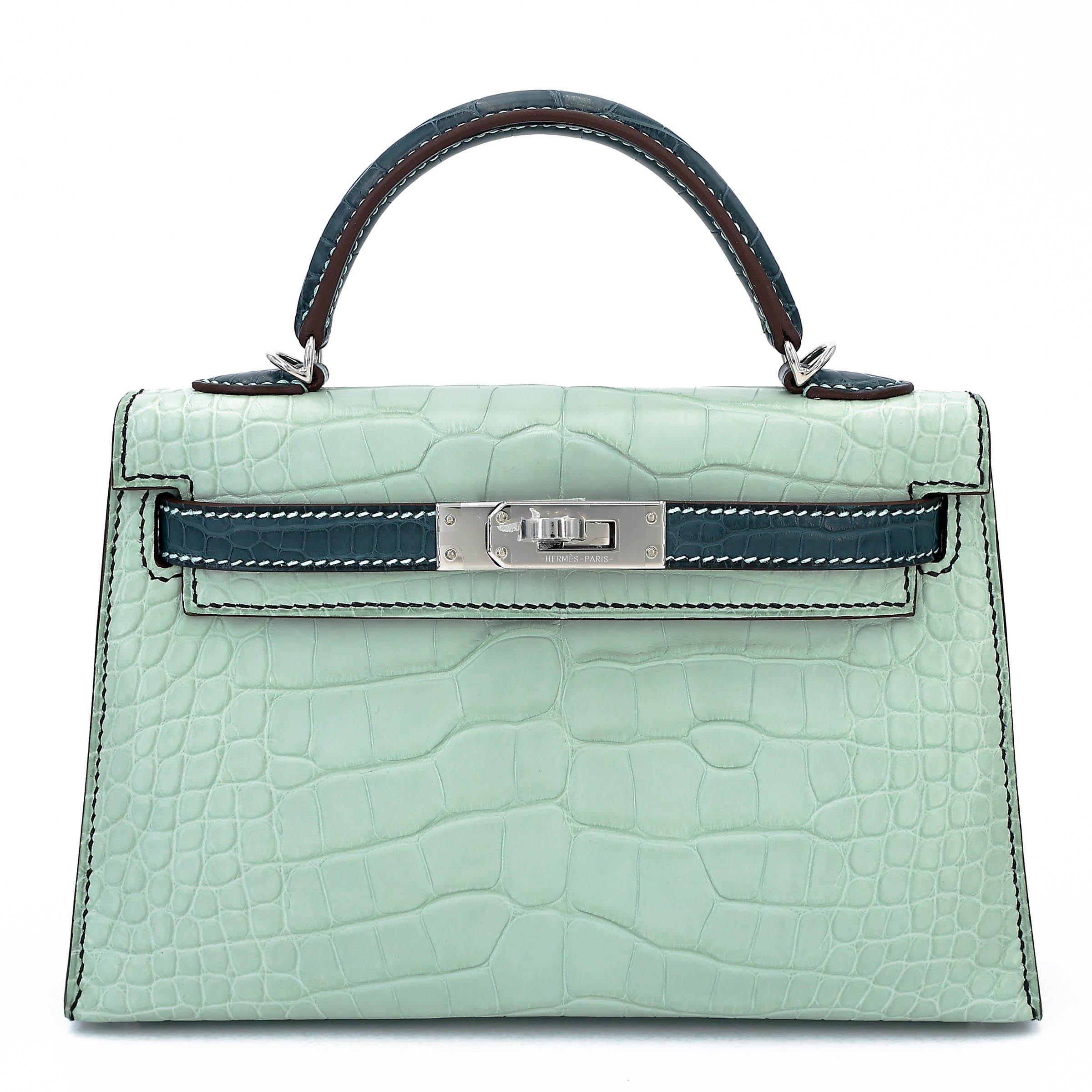 Unused ( Rank NS ) HERMÈS Special Order Mini Kelly II Vert d’Eau (6U) Vert Cypress (6O) Matte Alligator Palladium hardware W (2024)