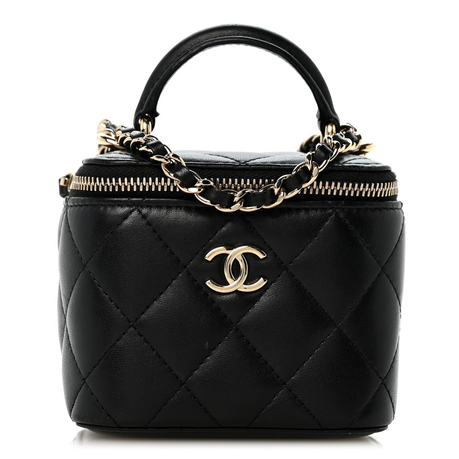 Chanel Lambskin Quilted Top Handle Mini Vanity Case With Chain Black