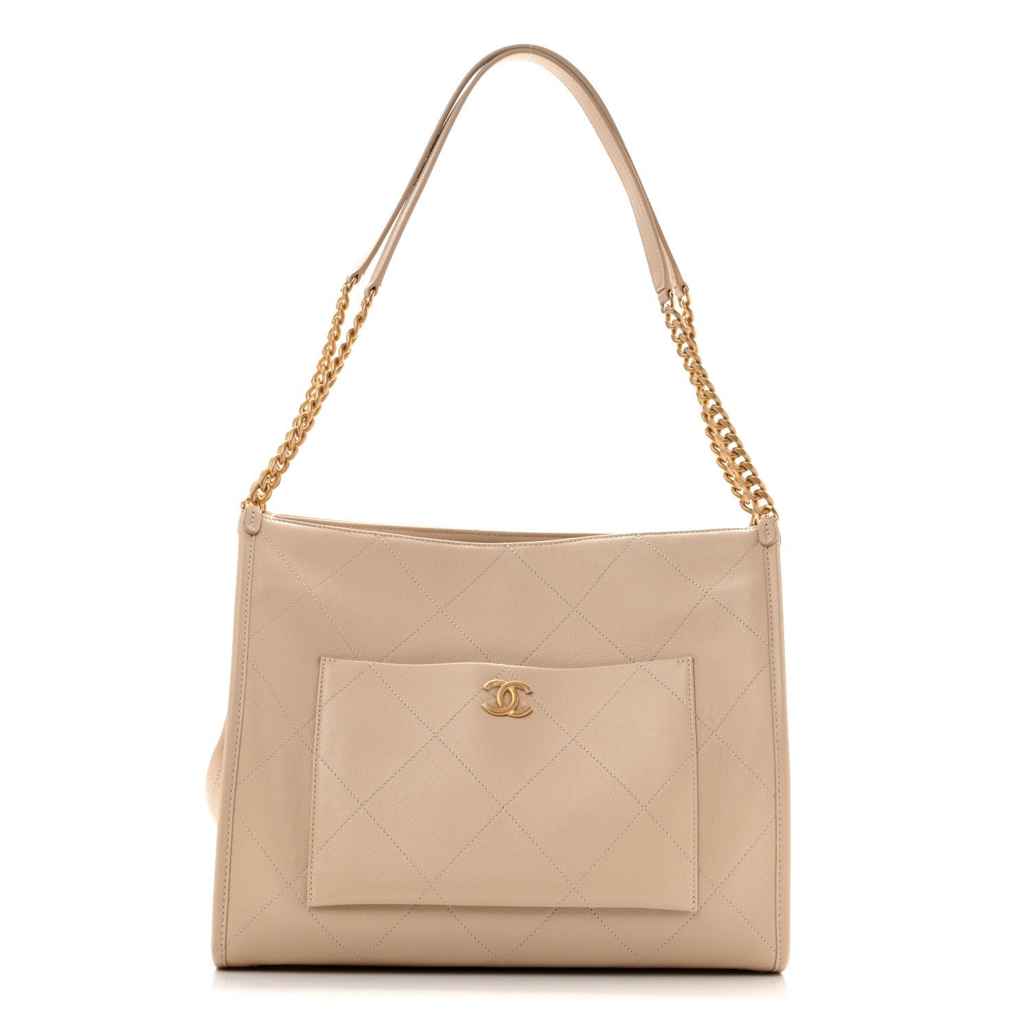 Chanel Caviar Stitched Pocket CC Large Tote Beige