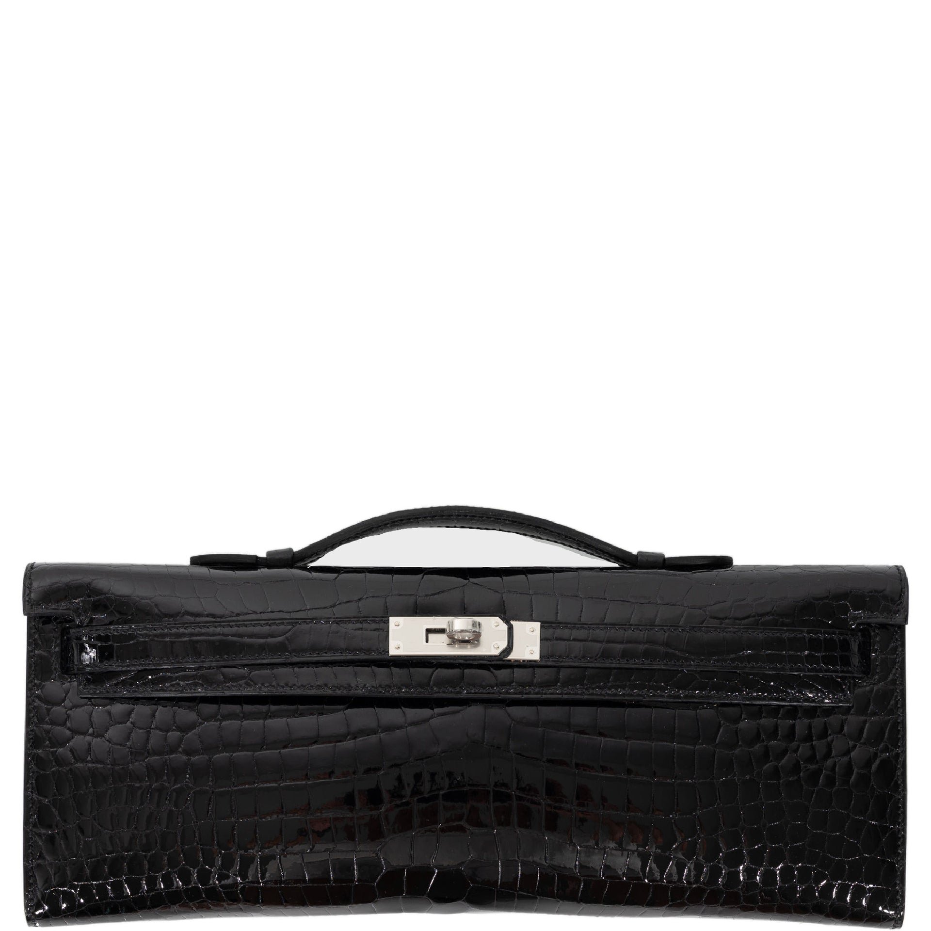 Hermes Hermès Kelly Cut Black Shiny Porosus Crocodile Palladium Hardware