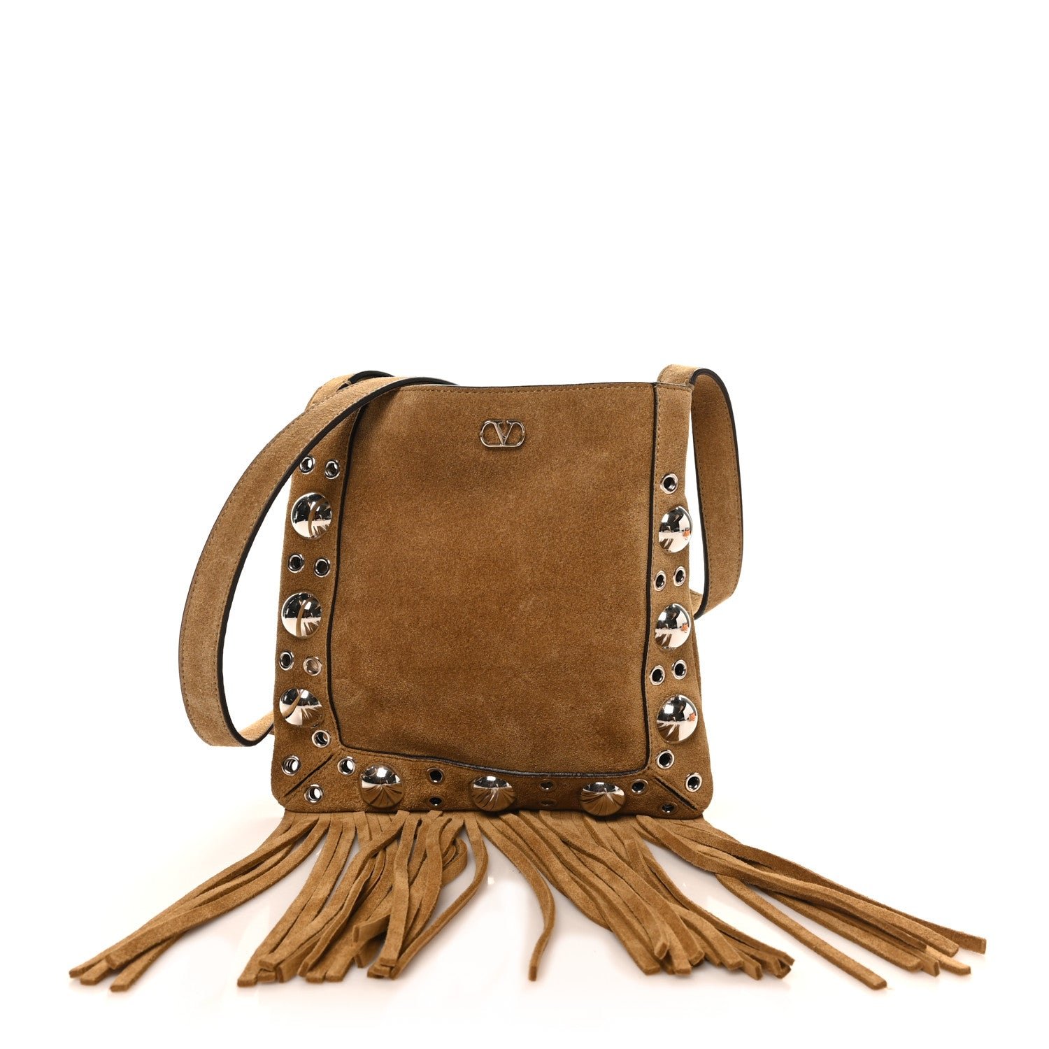 Valentino Garavani Suede Studded Small Nellcote Fringe Shoulder Bag Havana Beige