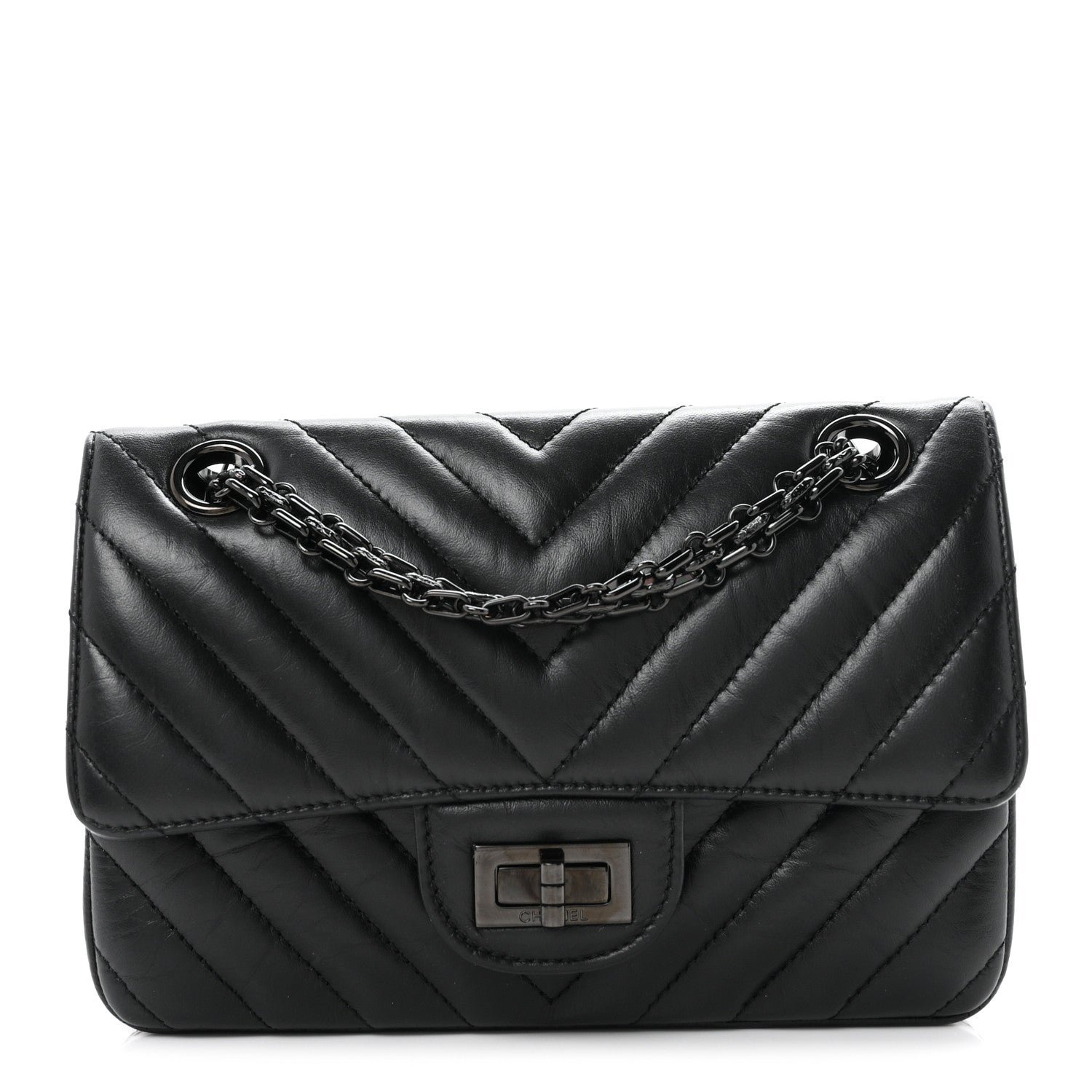 Chanel Aged Calfskin Chevron Quilted 2.55 Reissue Mini Flap So Black