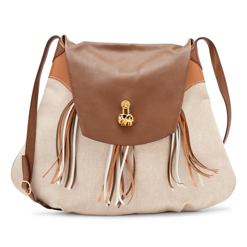 Vintage Gold Havane Box Calf Toile H Canvas Sac Symbiose Sumo Fringe Bag with Elephant Charm Gold Hardware, 1988