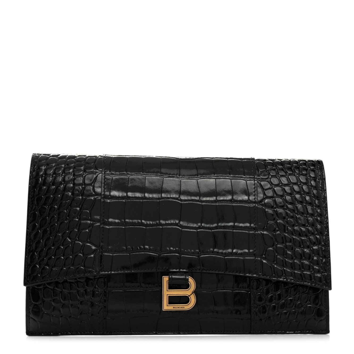 Balenciaga Shiny Calfskin Crocodile Embossed Hourglass Flap Flat Pouch Black