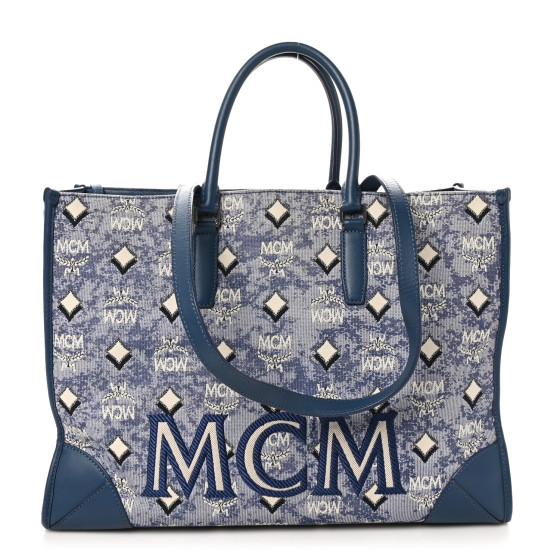MCM Jacquard Monogram Large Tote Blue