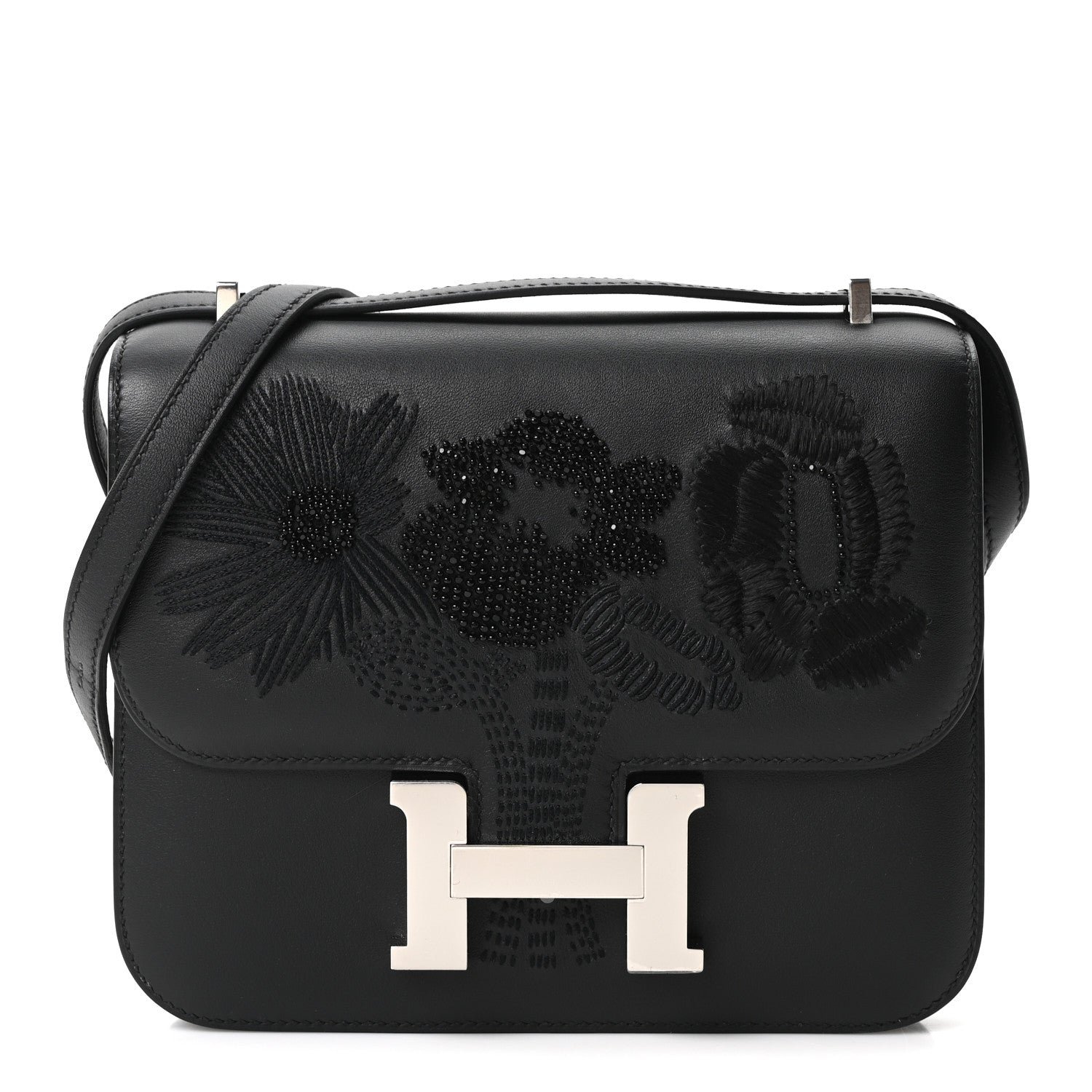 Hermes Swift Dancing Flowers Embroidered Constance 18 Black