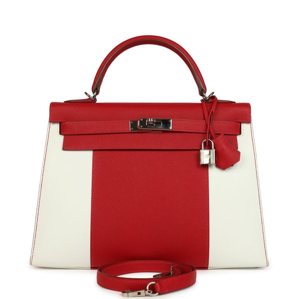 Hermes Pre-owned Hermes Flag Kelly Sellier 32 Rouge Casaque and White Epsom Palladium Hardware