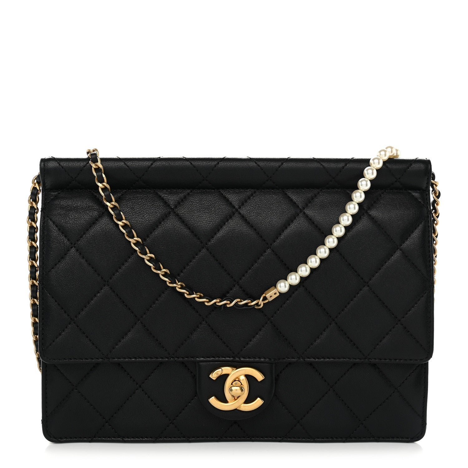 Chanel Lambskin Quilted Large Pearl Chain Flap Bag Black