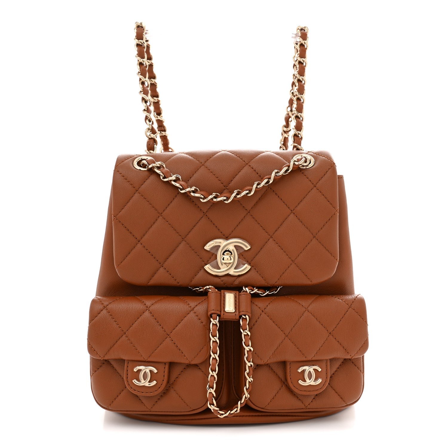 Chanel Calfskin Quilted Medium Duma Pockets Drawstring Backpack Light Brown