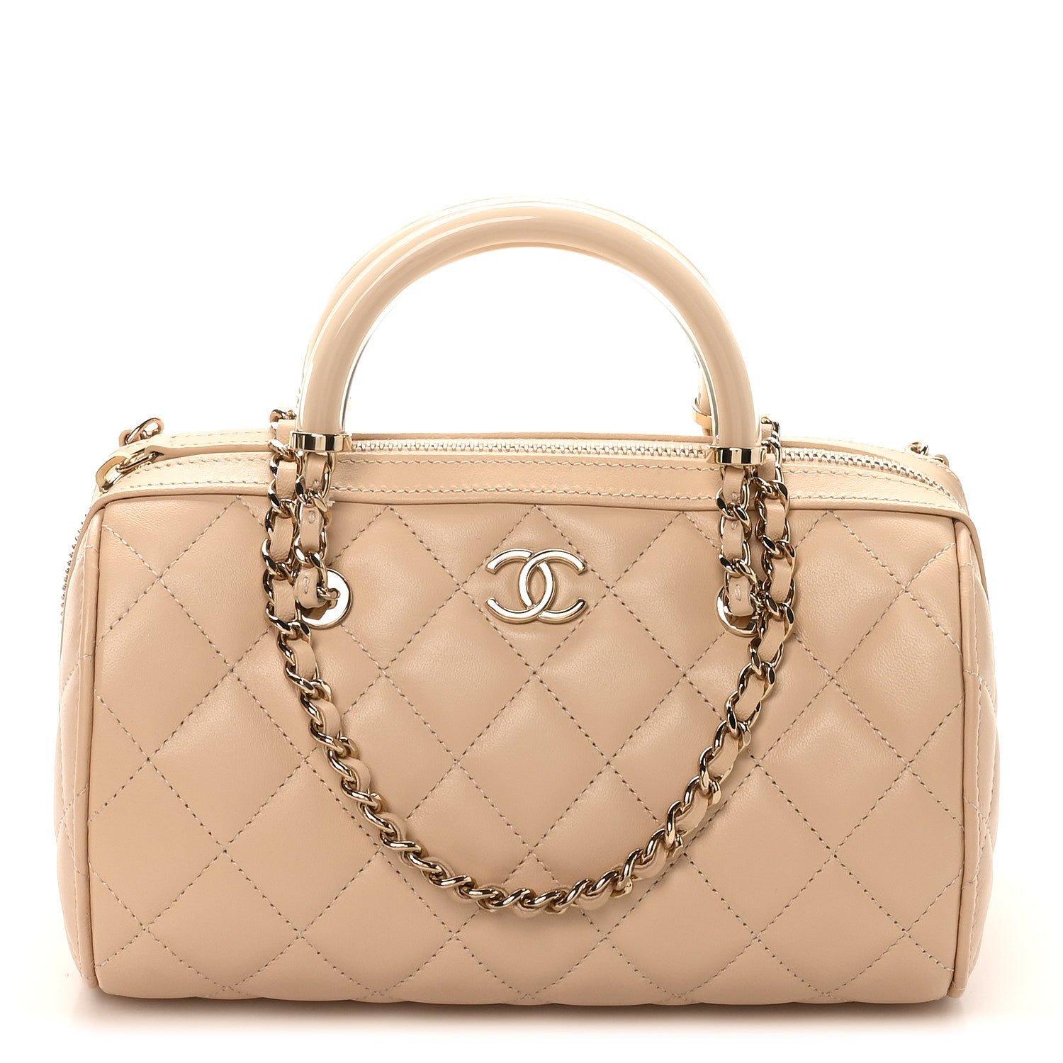 Chanel Lambskin Quilted Barrel Clutch With Chain Light Beige