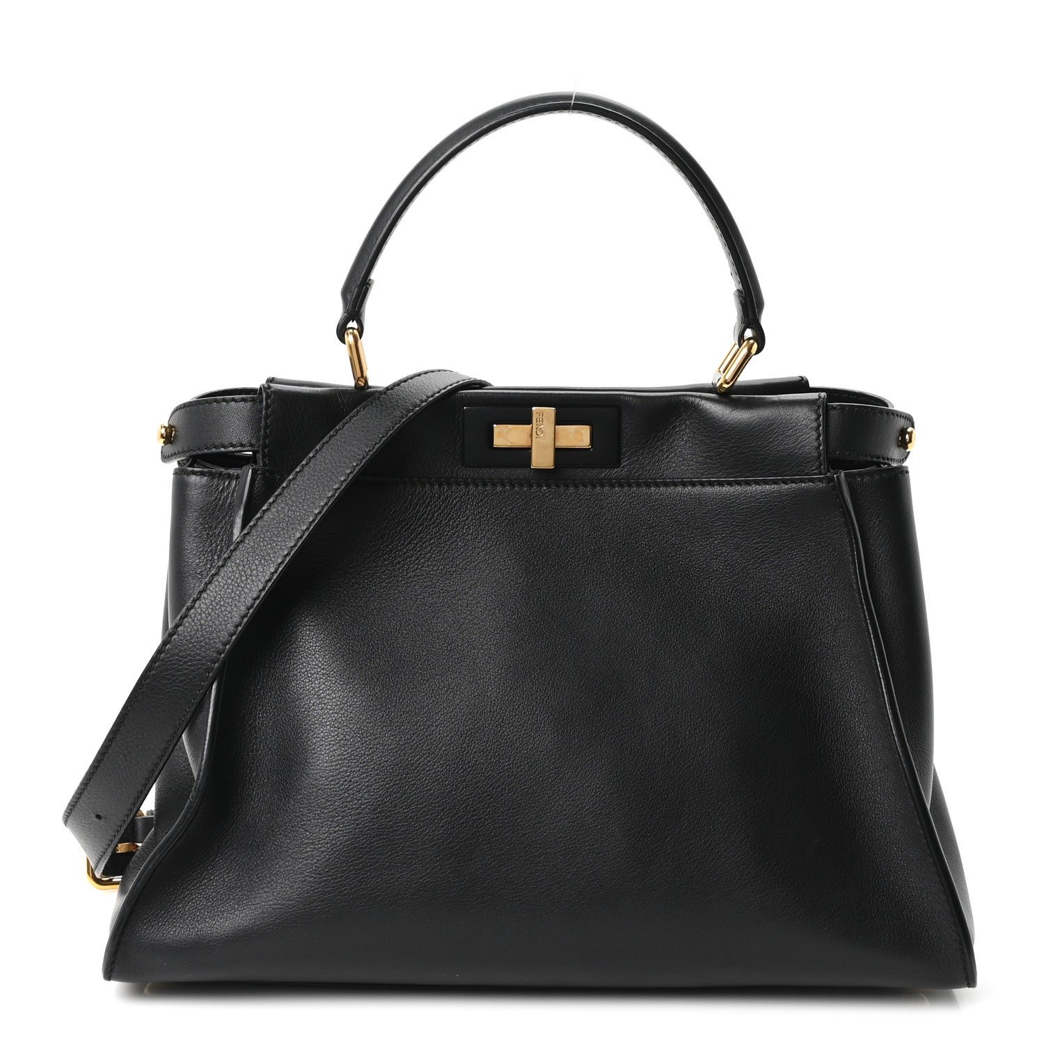 Fendi Vitello Seta Shiny Nappa Medium Peekaboo Iconic Satchel Black