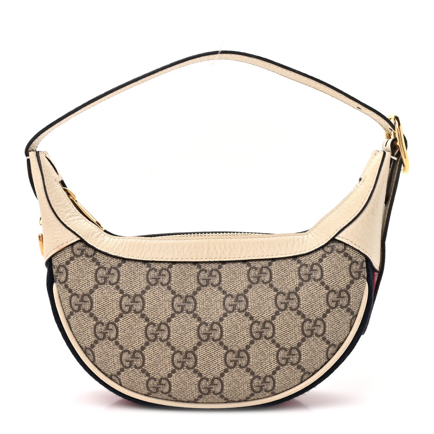 Gucci GG Supreme Monogram Textured Dollar Calfskin Web Mini Ophidia Half Moon Hobo Beige Ebony Mystic White