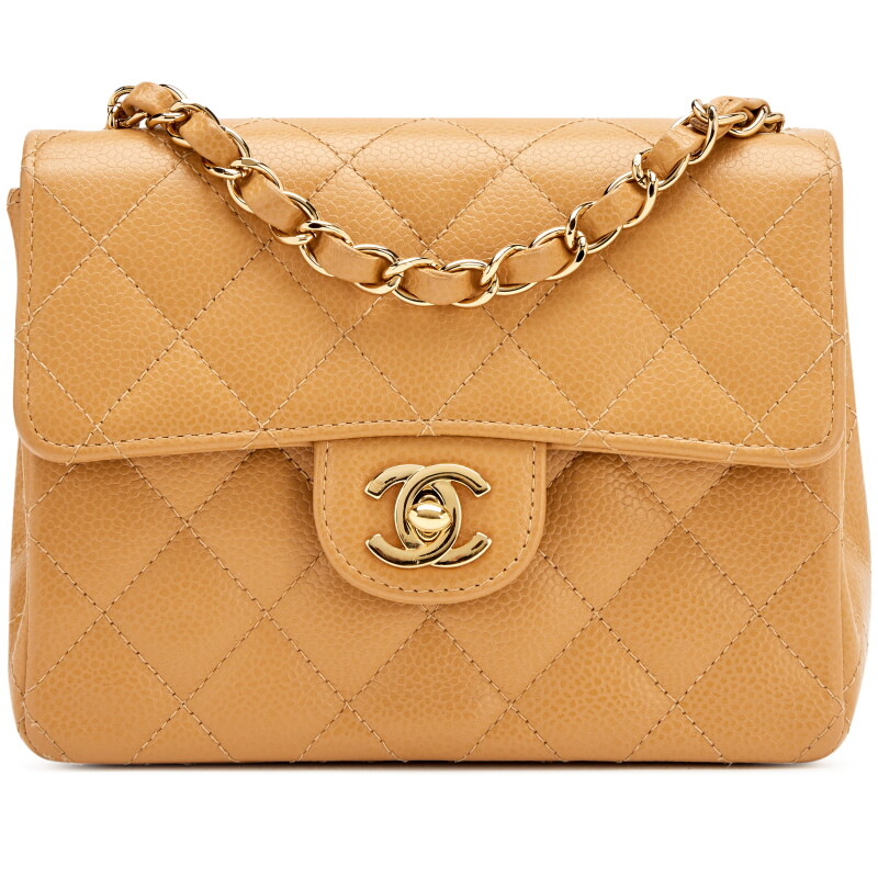 Vintage Camel Beige Quilted Caviar Mini Square Classic Single Flap Bag Gold Hardware, 2004-2005