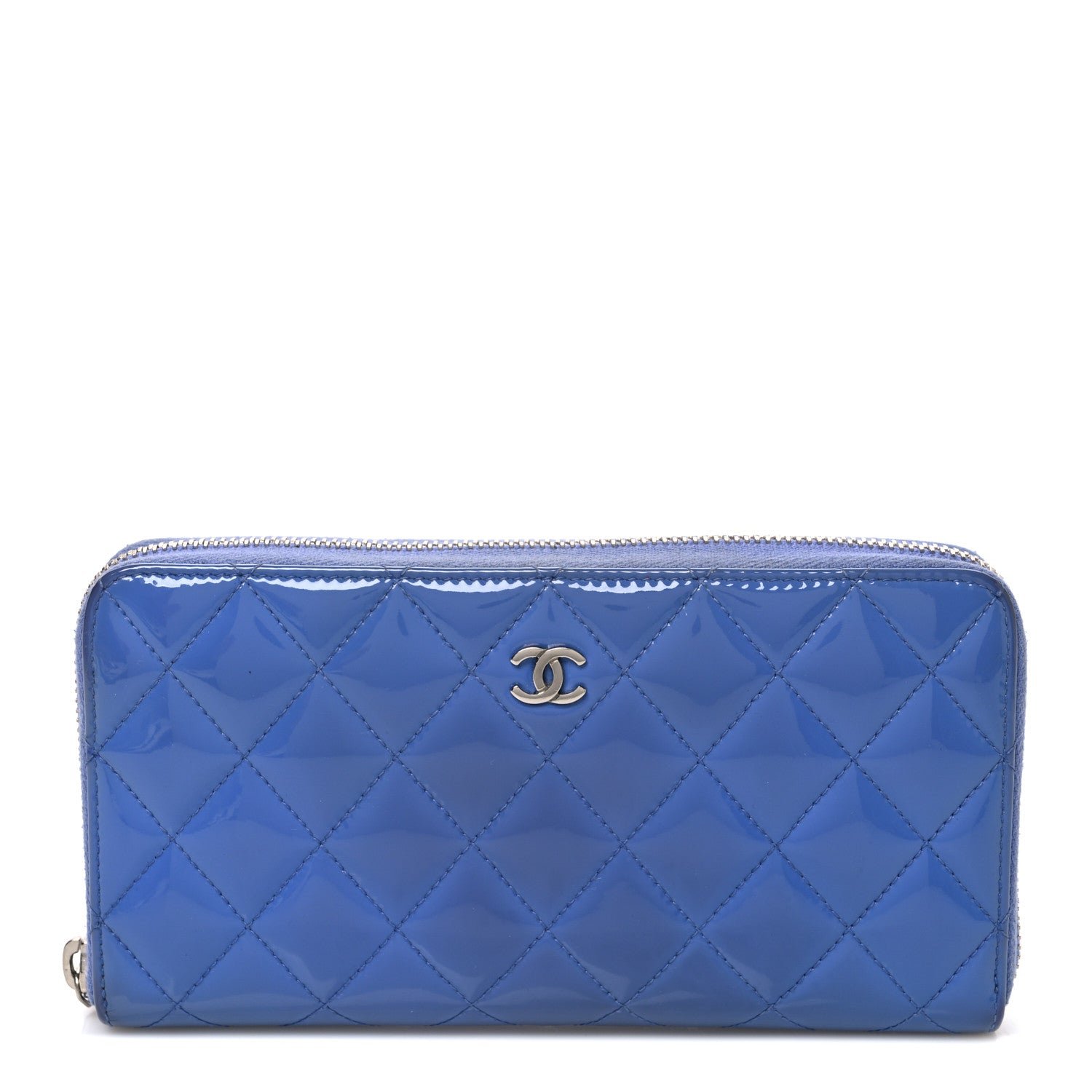 Chanel Patent Quilted Large Gusset Zip Around Wallet Blue