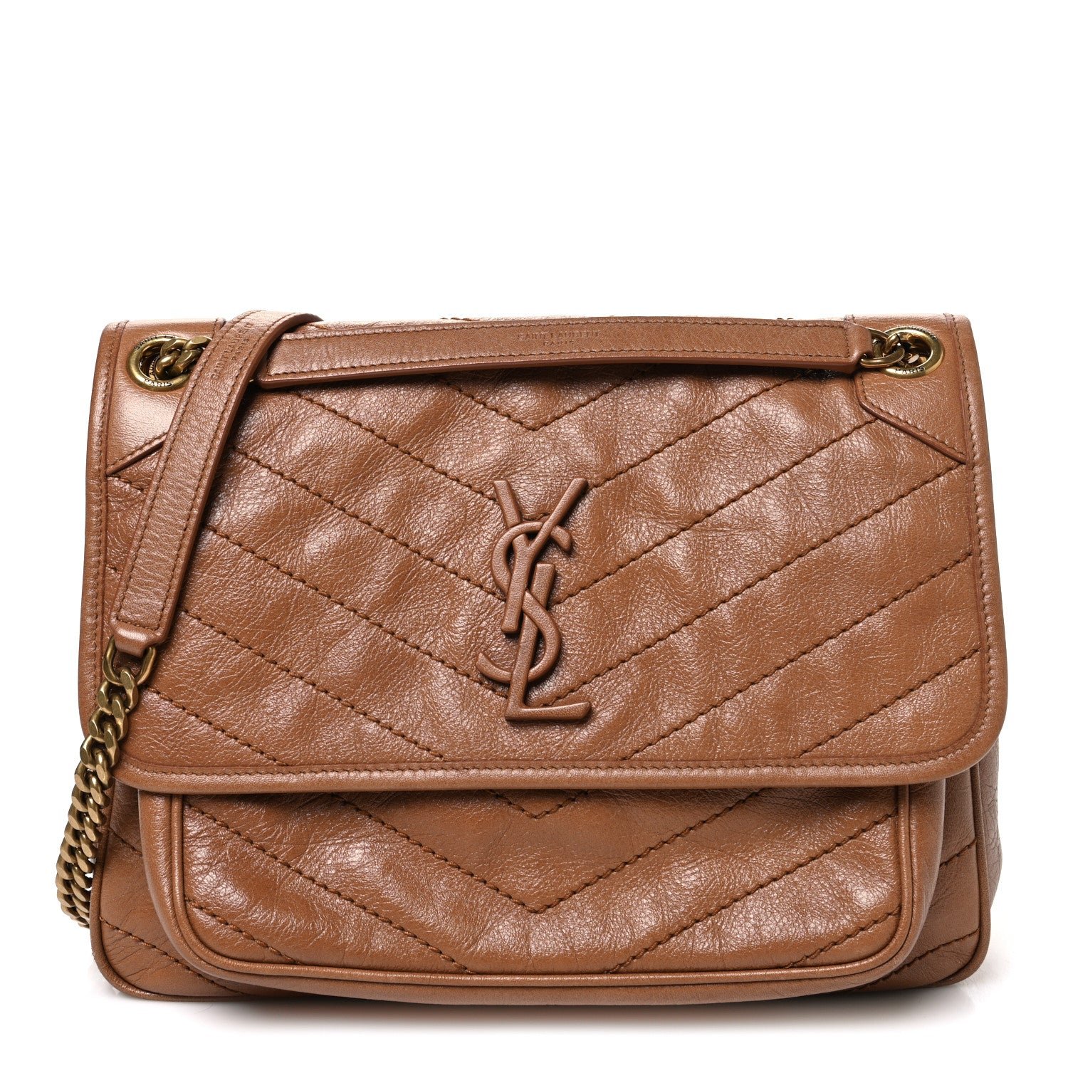 Saint Laurent Saint Laurent Crinkled Calfskin Matelasse Monogram Medium Niki Chain Satchel Caramel