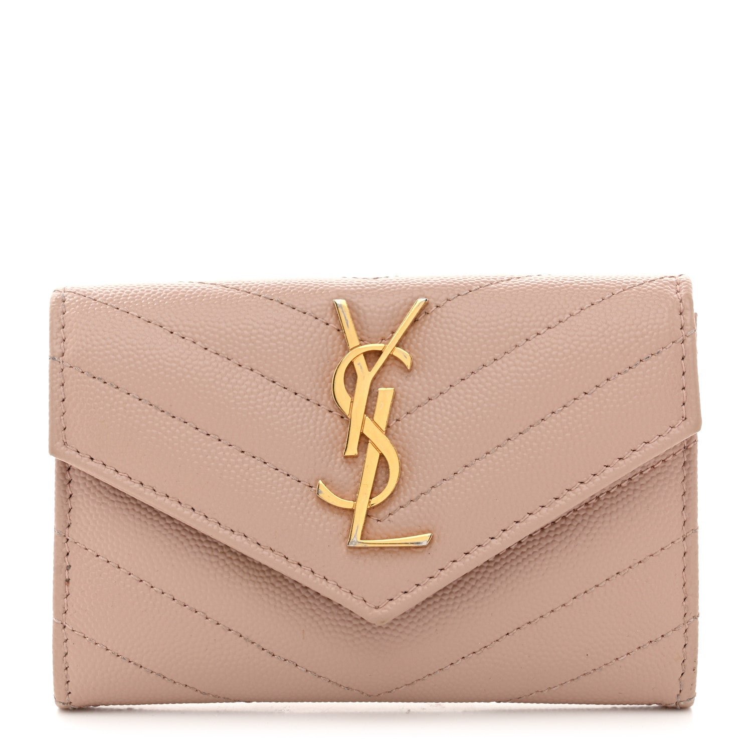 Saint Laurent Grain De Poudre Matelasse Chevron Small Monogram Envelope Wallet Pale Pink