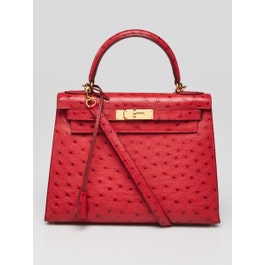 Hermes Hermes 28cm Rouge Vif Ostrich Gold Plated Kelly Sellier Bag