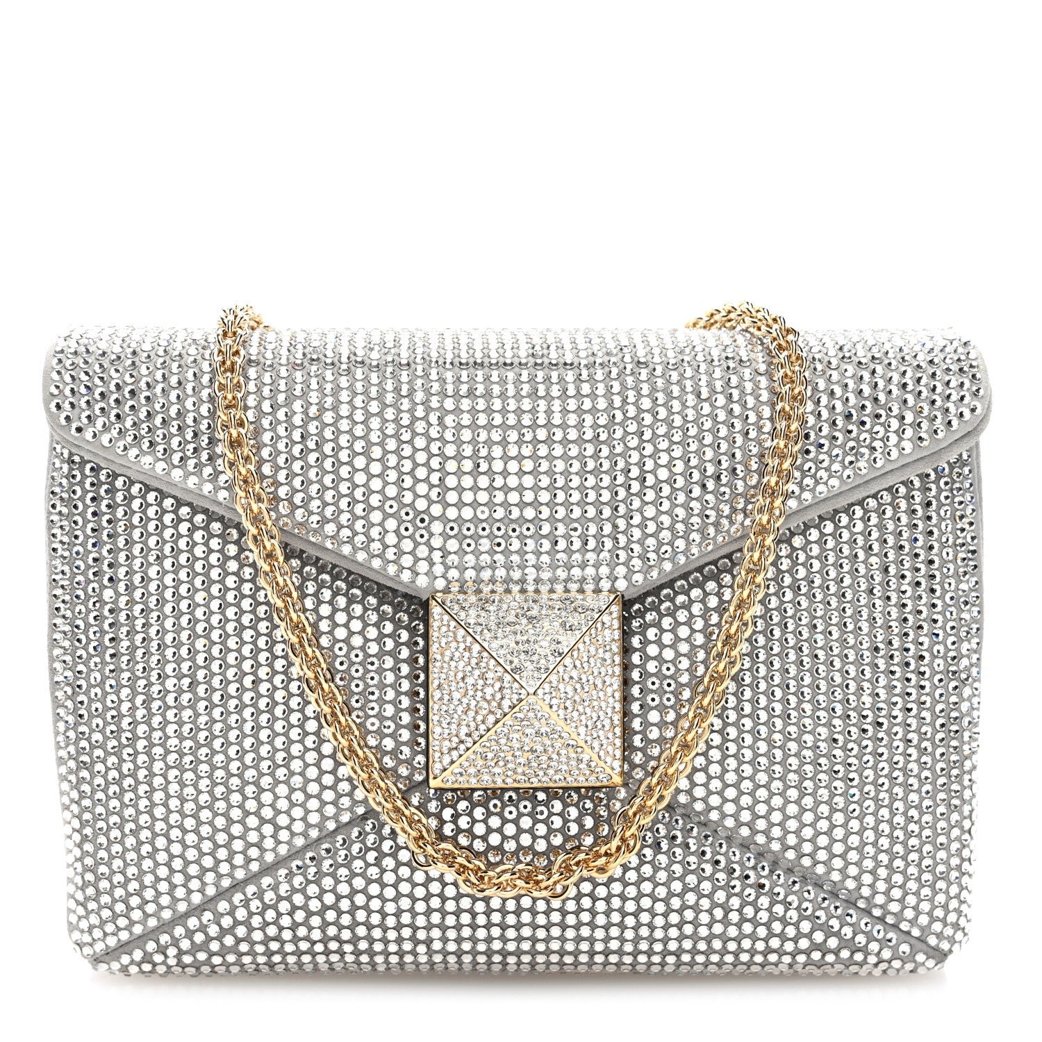 Valentino Garavani Crystal Suede Embellished Small One Stud Clutch With Chain Silver