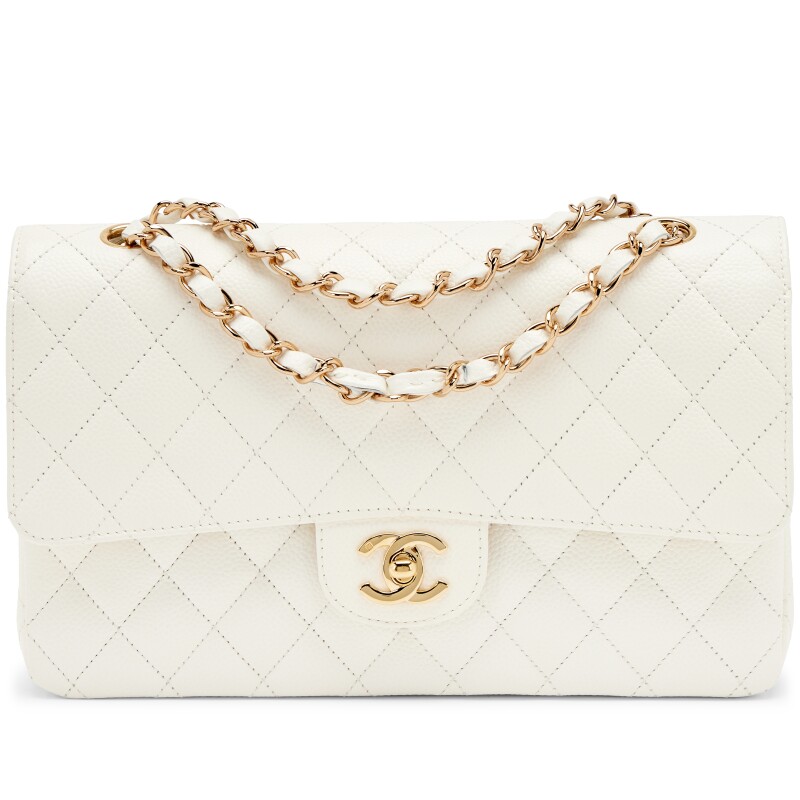 Cream White Quilted Caviar Medium Classic Double Flap Bag Gold Hardware, 2004-2005