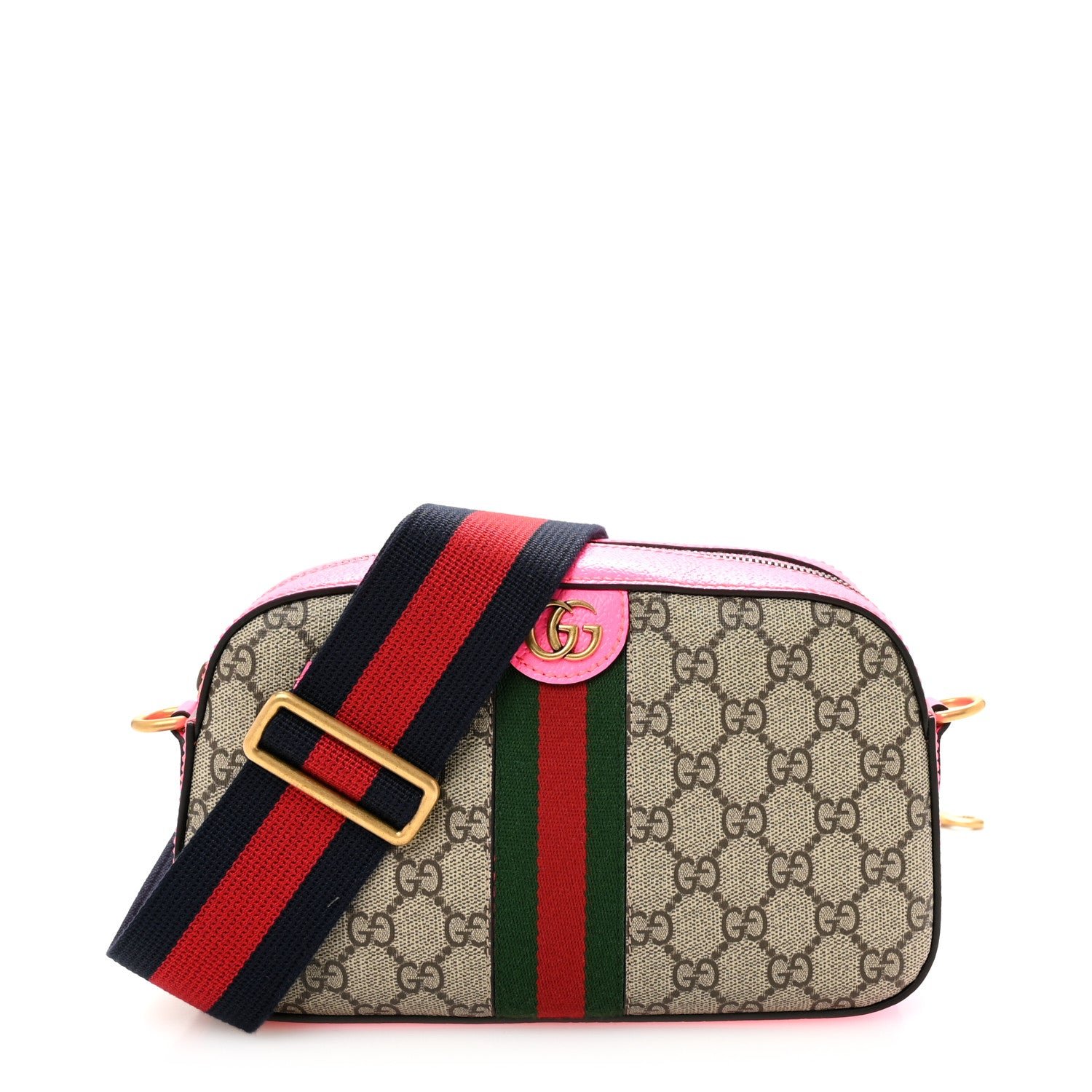 Gucci GG Supreme Monogram Textured Dollar Calfskin Web Ophidia Small Crossbody Bag Beige Ebony Fuchsia