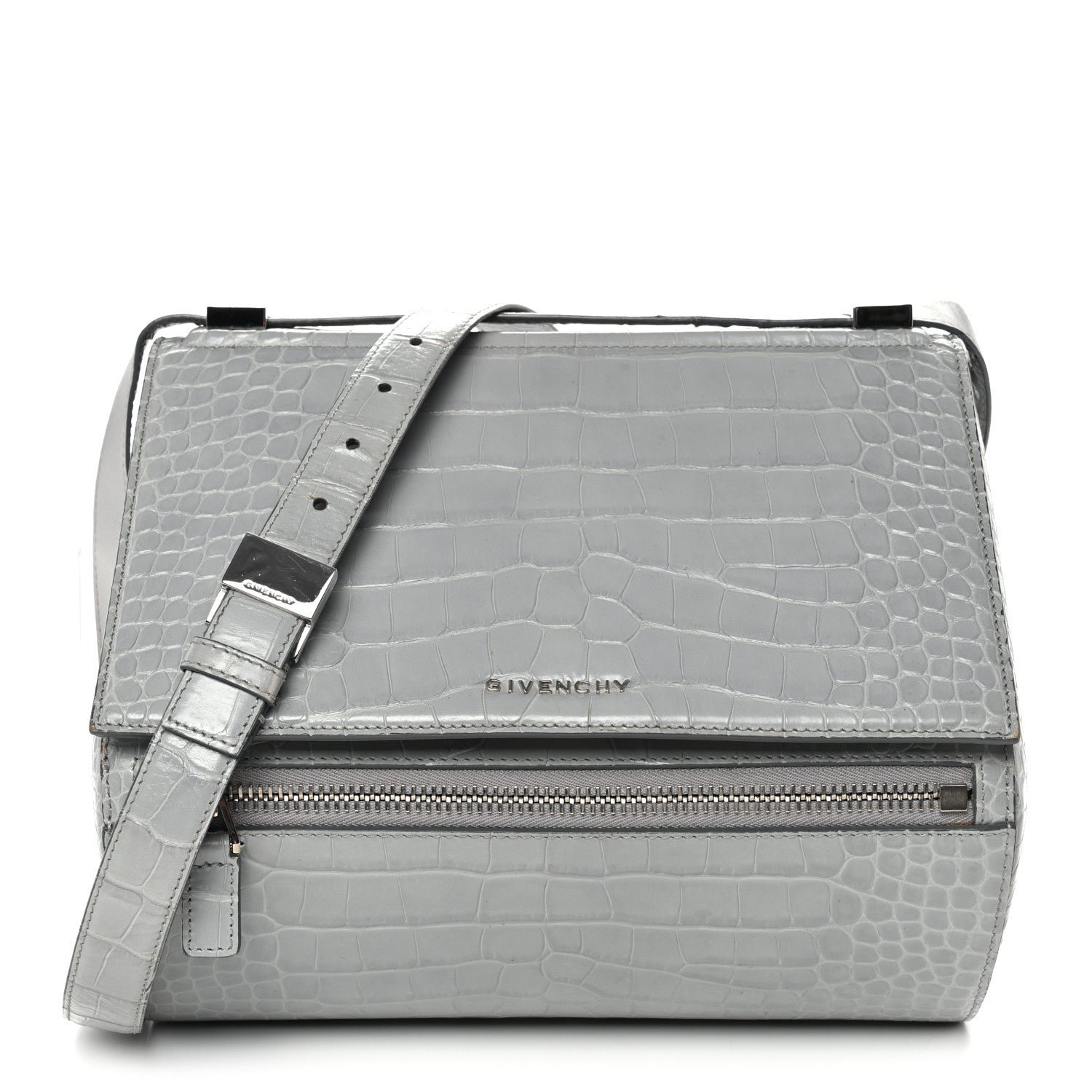 Givenchy Calfskin Crocodile Embossed Medium Pandora Box Crossbody Bag Grey